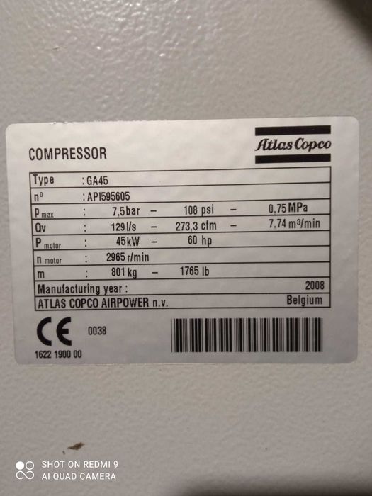 Sprężarka śrubowa Atlas Copco GA45,45KW,S014655