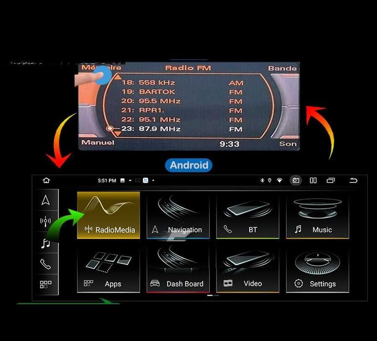 CarPlay Android Auto Radio FM RDS DAB+ Opcja Android Bluetooth YouTube Yanosik WiFi 4G MP3 MP4 GPS Audi A4 B8 A5