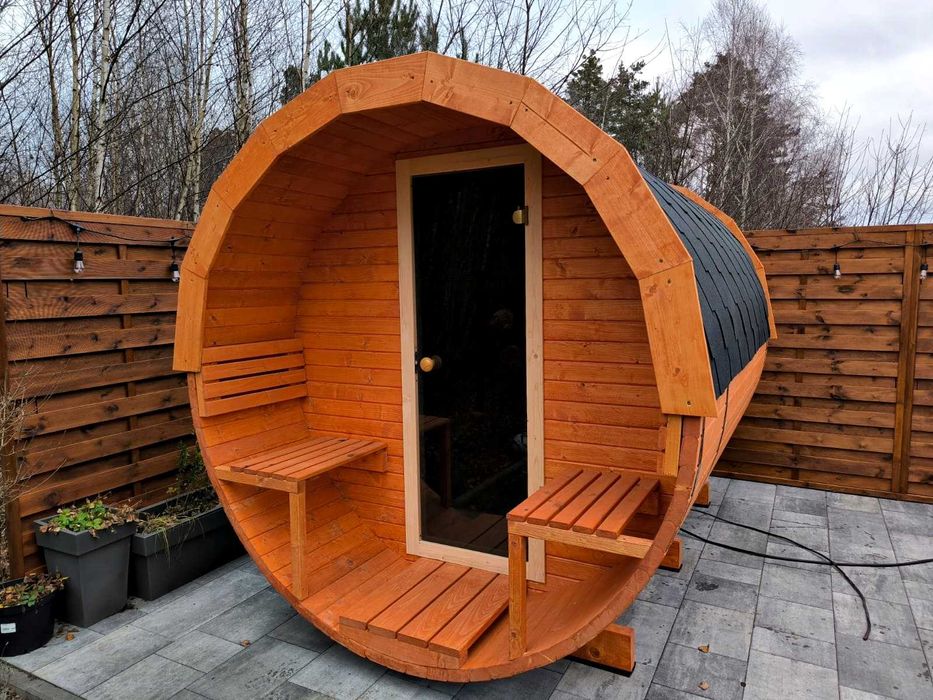 Sauna ogrodowa typu beczka z przedsionkiem-PRODUCENT