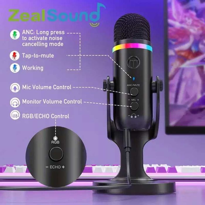 USB мікрофон ZealSound K66 PRO з RGB-підсвіткою для стрімінгу ( noise-canceling, touch control, gain & echo, чорний)
