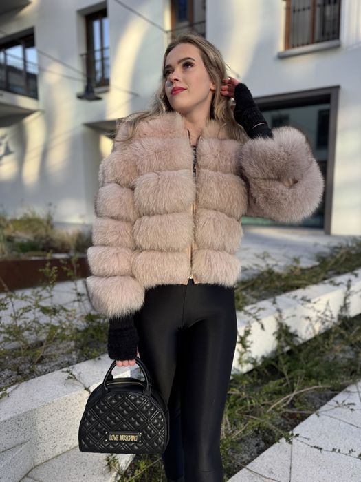 Futro naturalne z lisa pudrowy róż s 36 Mega gęste 2 w 1 krótkie