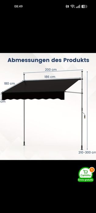 Toldo de Fixação Sem Furos com Manivela, Altura Ajustável e Proteção Solar para Pátios, Varandas e Jardins (200 Cm, Preto)