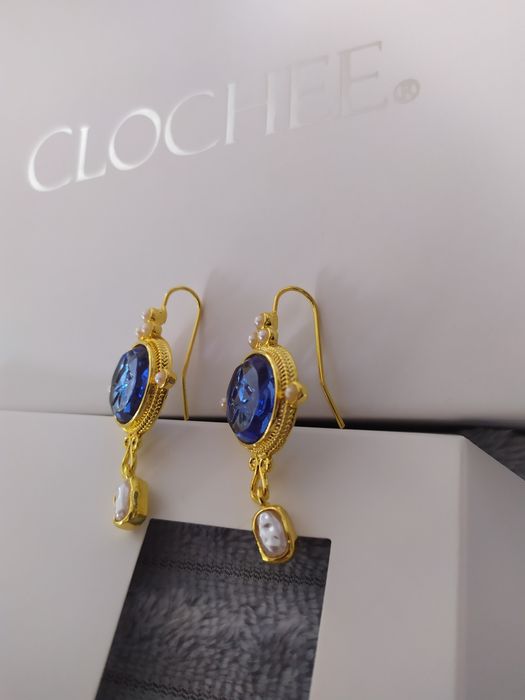 Kolczyki vintage retro postarzane wiszące kolor niebieski złoty