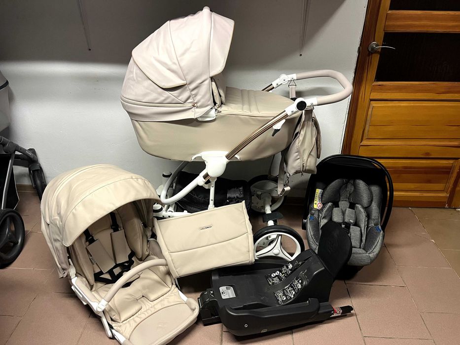 Wózek BEBETTO TORINO SI Pro 2w1 / 3w1 / 4w1 z baza Isofix Eko Skóra BEŻOWY