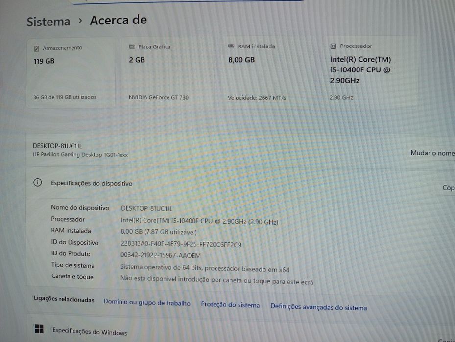 HP Pavilion Gaming Desktop PC TG01-1038ns com processador i5 10400F.