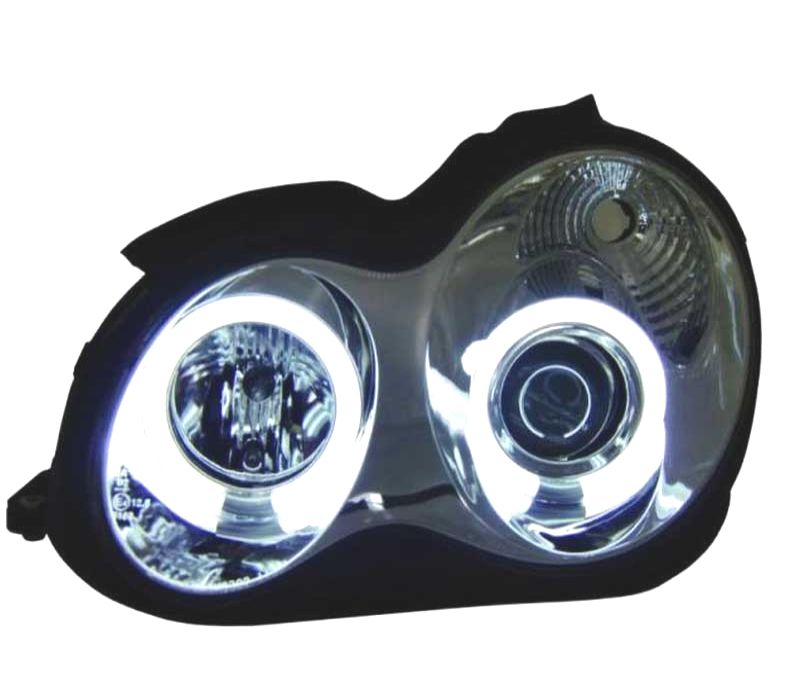 FARÓIS ANGEL EYES CCFL MERCEDES C W203 00-07 FUNDO CROMADO