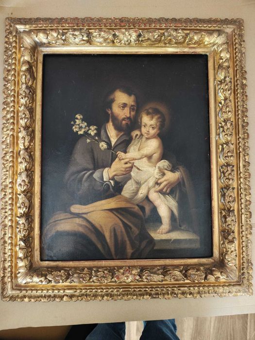 Lindíssima pintura a Óleo com São José e Menino com Magnifica Moldura em Talha Dourada.