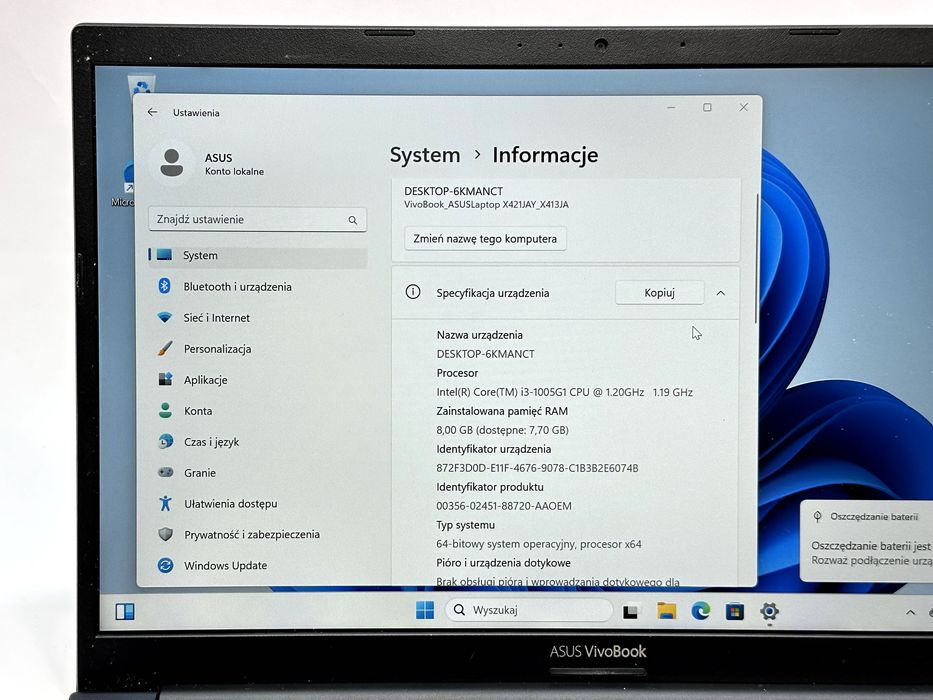 Asus x413j i3-1005G1 8GB RAM /256GB SSD 14'' WIN 11