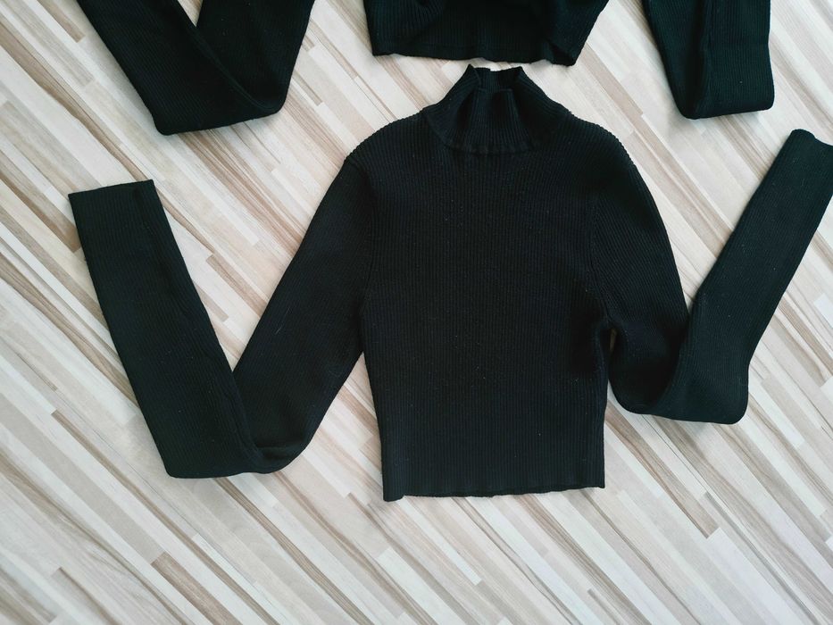 2 sztuki czarny crop top, dwie bluzki, komplet,  prążkowany, bawełna, xs