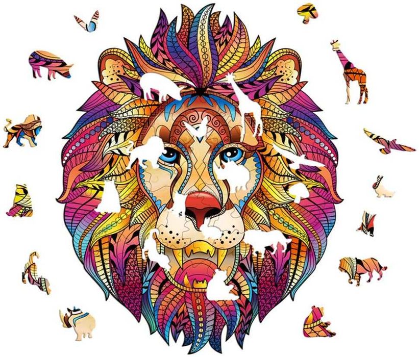 Espectacular Puzzle Madeira, Leão colorido, formas de animais, novo