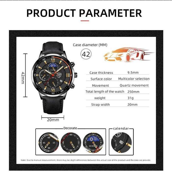 Conjunto de Relógio de Pulso Homem + Pulseira de Couro Quartzo Desport