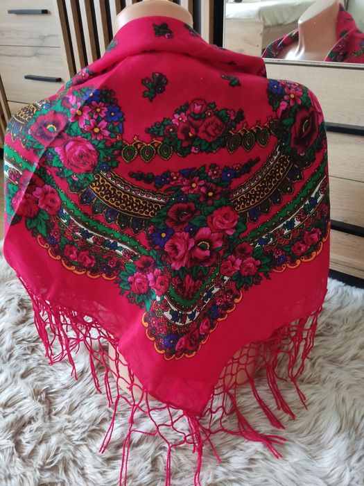 Chusta chustka góralska PRL czerwona 85+15 wełna
