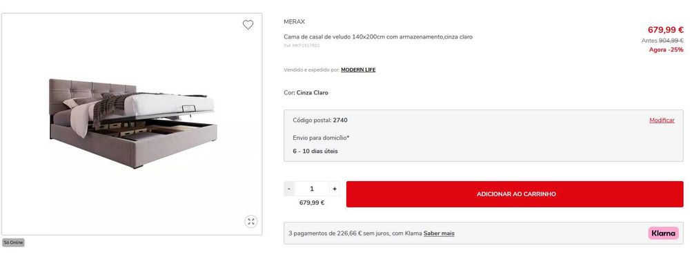 Cama de casal com arrumação (baú elevatório)