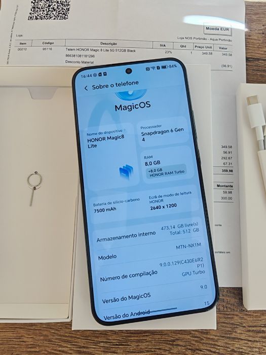 Honor Magic 8 Lite 5G 6.79" 8GB/512GB Preto Novo(Nunca Usado),  C/Garantia Aceito Retomas