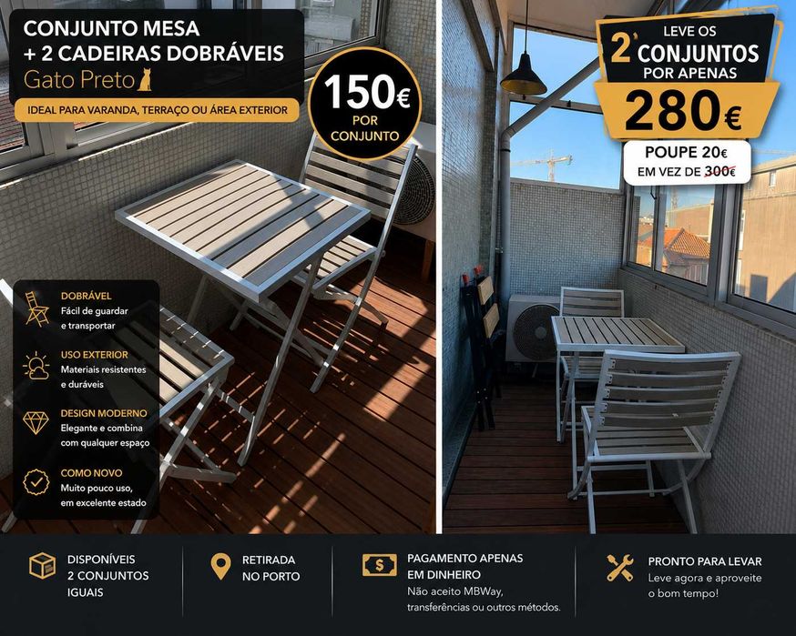 Conjunto Mesa + 2 Cadeiras Dobráveis Gato Preto – Como Novo