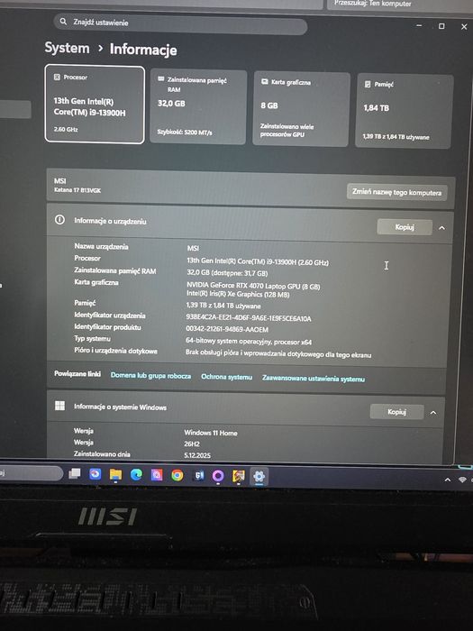 Potężny laptop dla gracza i profesjonalisty – MSI Katana 17 | i9-13900H | RTX 4070 | 32 GB RAM | 2x 1 TB SSD