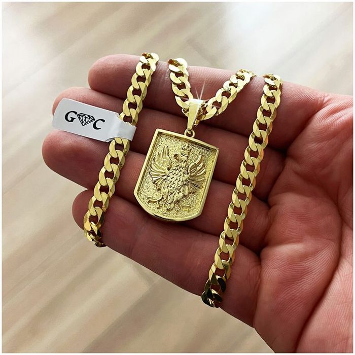 Gruby Złoty Naszyjnik Męski, Łańcuszek Pancerka + Wisiorek Orzeł, Godł