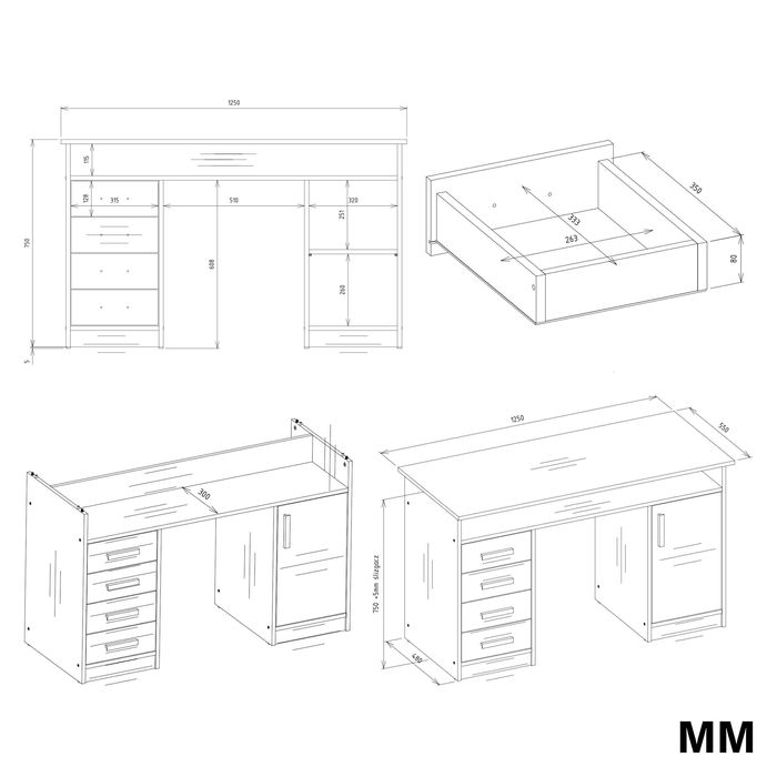 BIURKO ADA 125 Cm 4 Szuflady Szafka Półki Do Biura Pokoju RÓŻNE KOLORY
