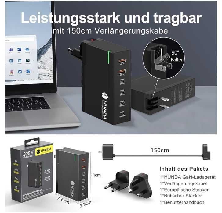 Ładowarka sieciowa USB-C 200W GaN stacja ładująca Macbook iPhone iPad