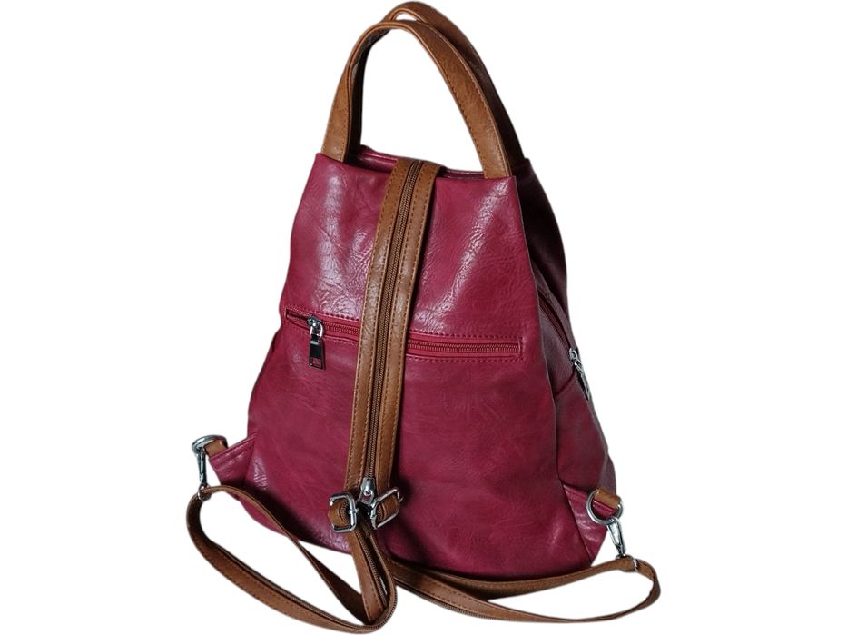 Modny Czerwony Worek Na Ramię - Plecak Damski, 6 Kieszeni, Ekoskóra