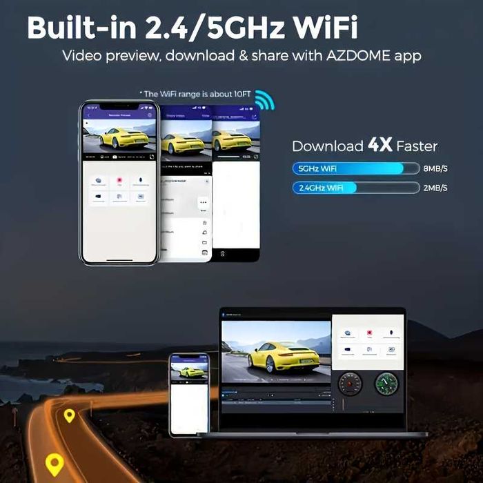 Відеореєстратор 4К AZDOME M550 Pro Wi-Fi + задня камера + 64Gb карта