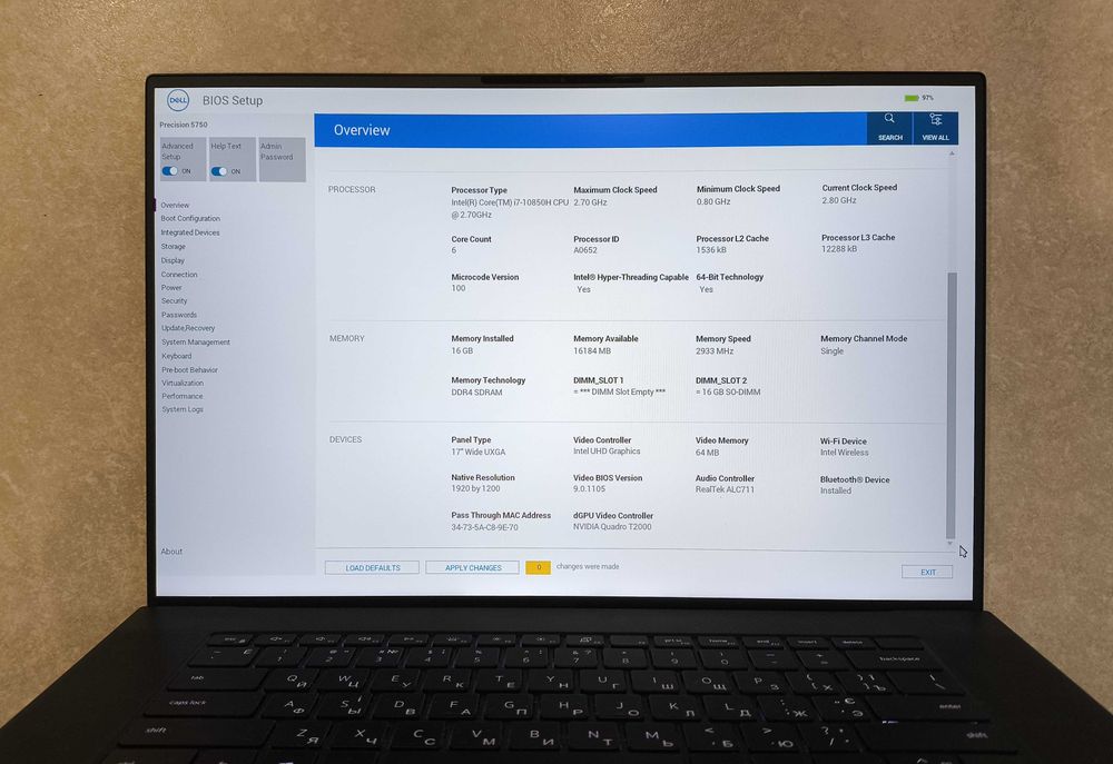 Dell Precision 5750 (XPS 9700) 17.3"/i7-10Gen/16Gb/265Gb/Quadro T2000