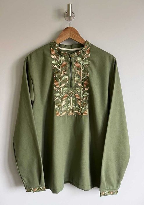 М-5ХЛ Вышиванка льняная мужская хаки, лен