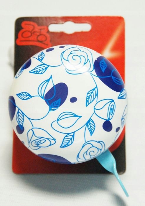 Dzwonek rowerowy retro Ding Dong 80mm biały niebieski kwiaty