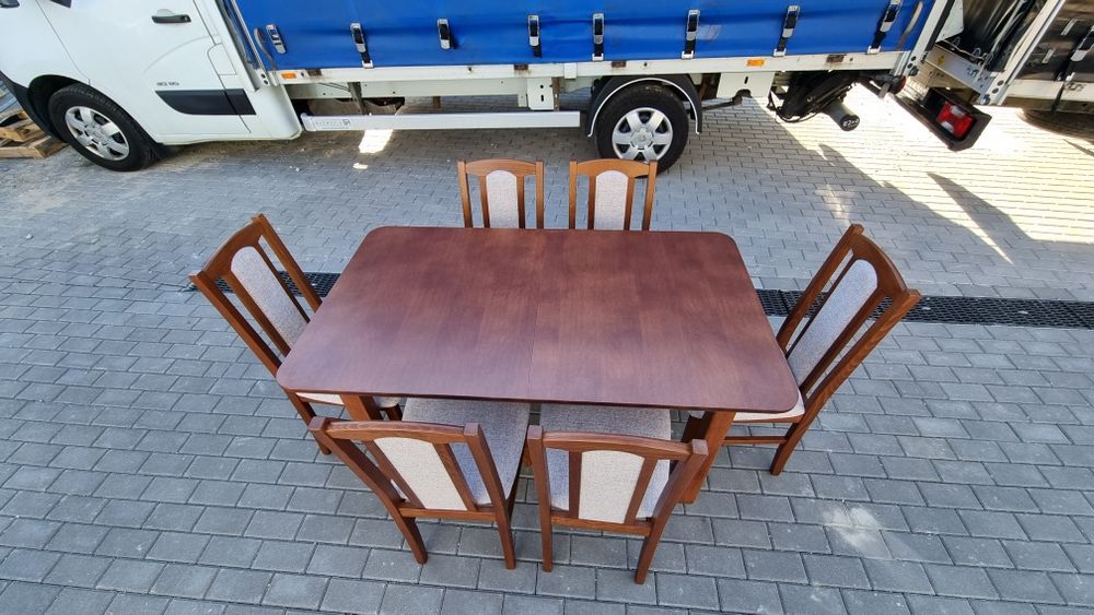 Nowe: Stół 80x140/180 + 6 krzeseł, kasztan + kawa z mlekiem, transPL