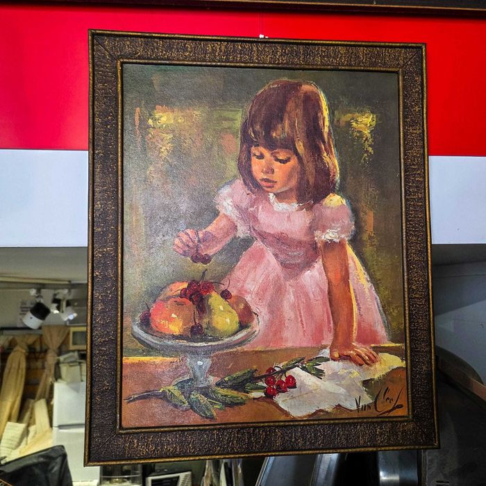 Pintura a Óleo sobre Tela “Menina com Fruteira” Assinada Van Cleef