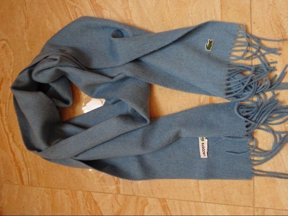 LACOSTE piękny niebieski kaszmirowy szal