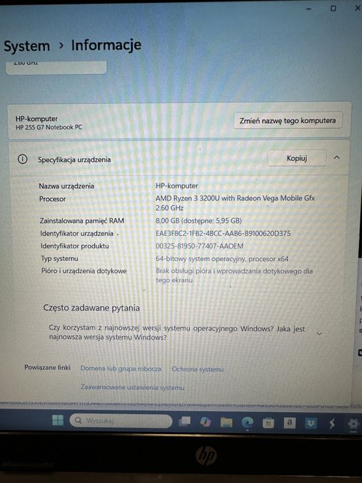 Laptop HP 255-G7 15" AMD Ryzen3 2,6 Ghz 8GB DVD-R Win11 stan idealny