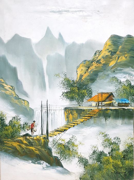 Antiga pintura chinesa - Paisagem - em óleo sobre tela - assinada