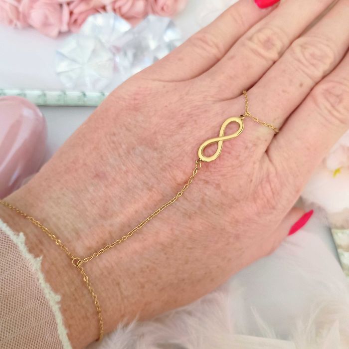 Nowość bransoletka z pierścionkiem hand chain znak nieskończoności stal chirurgiczna unikat