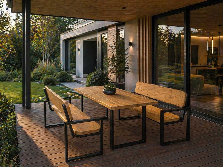 Meble ogrodowe LOFT. Lite drewno + metal. Meble ogrodowe industrialne na taras do altany. Stół ławka Meble biesiadne drewniane stal
