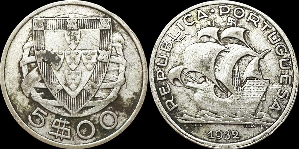 5 Escudos - 1932 - República Portuguesa (Prata) Escassa