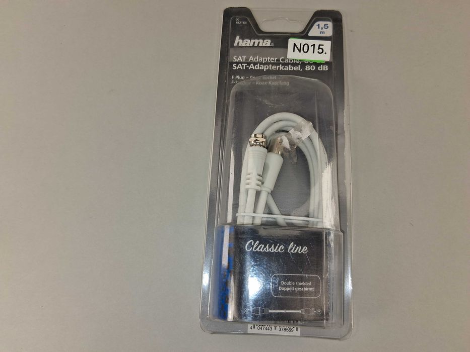 N015 Kabel Antenowy SAT Adapter Hama 1,5m 80dB F/Coax BiałyClassicLine