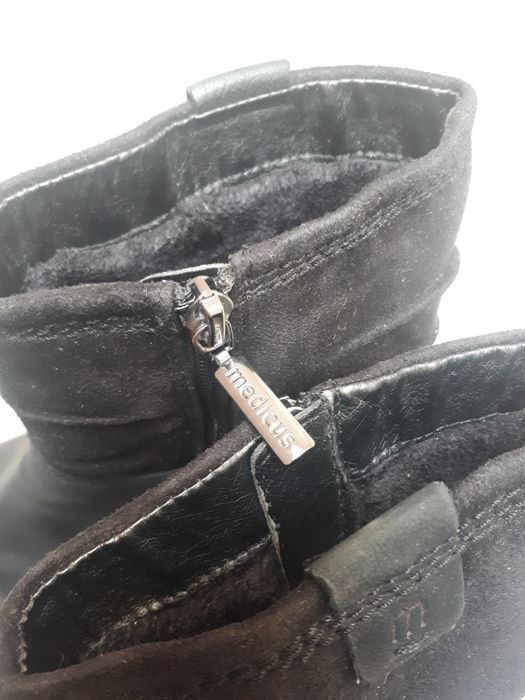 Medicus czarne  buty zimowe kozaki botki zamszowe skórzane marszczone
