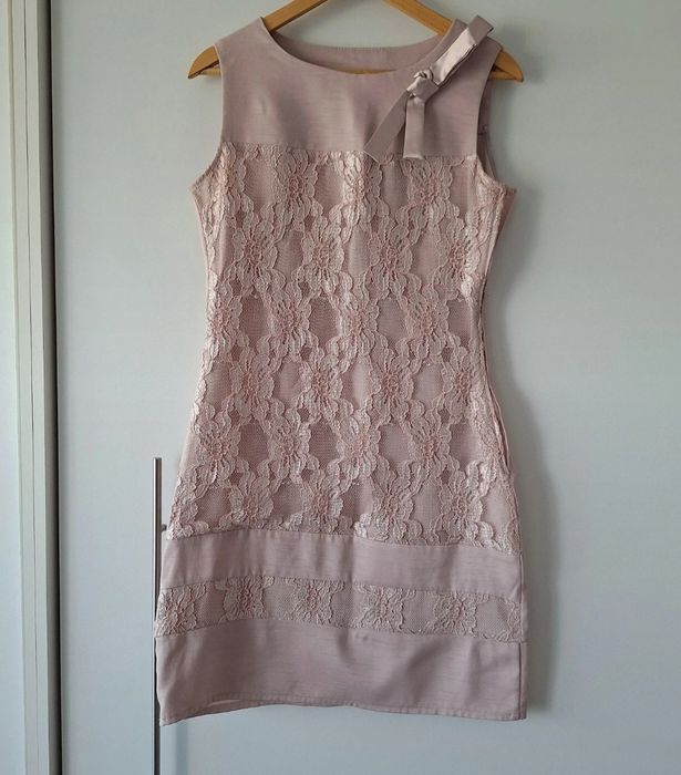 Śliczna elegancka sukienka koronkowa pudrowy róż lila 38