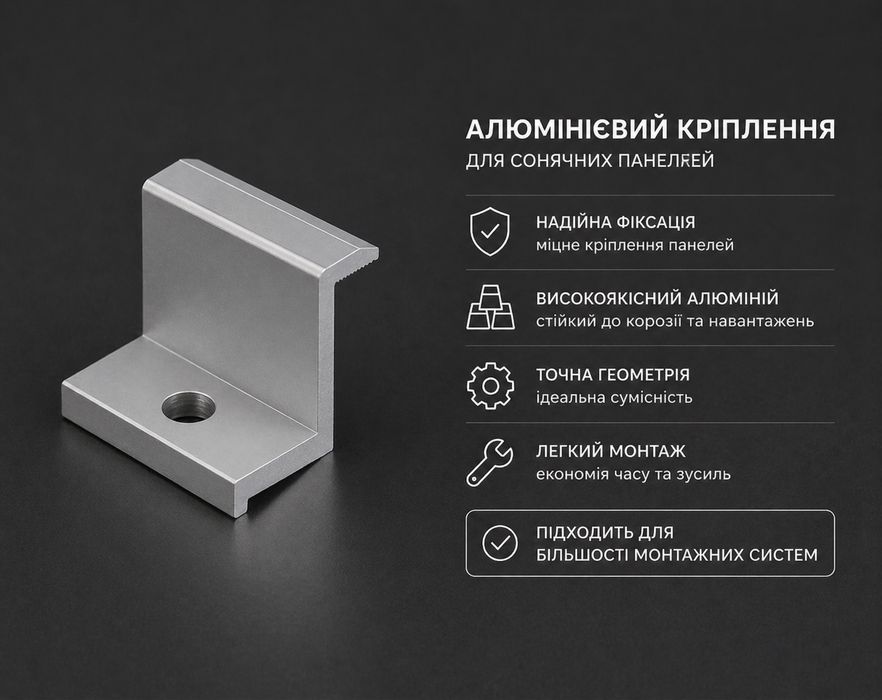 Притиски алюмінієві 4см, товщина 4мм міжмодульний, крайній для кріплення сонячних панелей