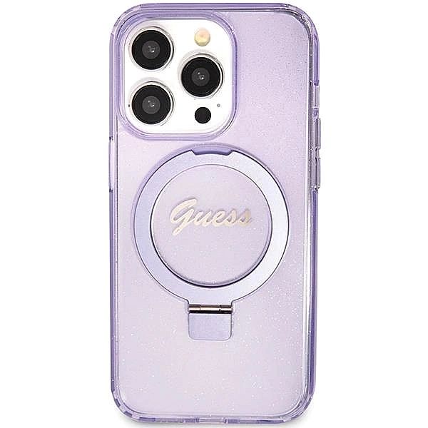 Etui Guess Ring Stand Script Glitter MagSafe na iPhone 15 Pro - fiolet