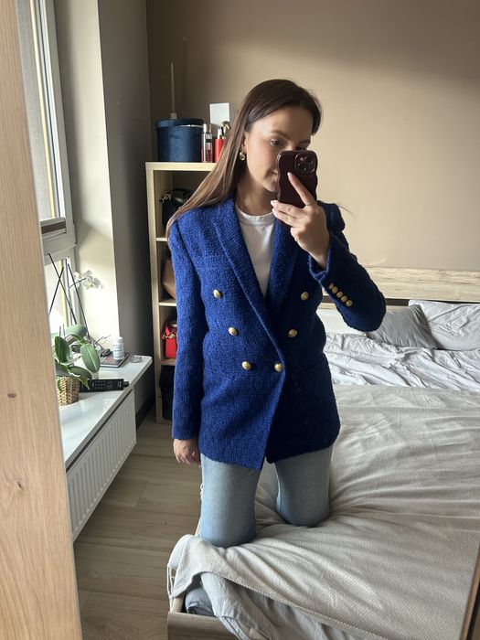 Tweedowa boucle marynarka dwurzędowa zara kobalt 34 XS