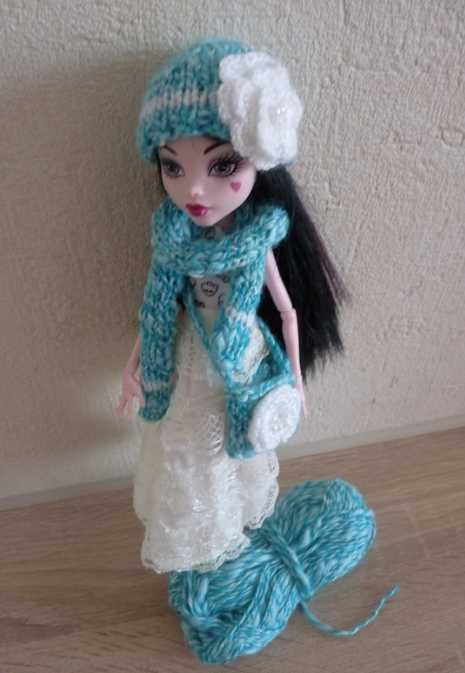 nowy komplet czapka szalik torebka na drutach dla lalki Monster high