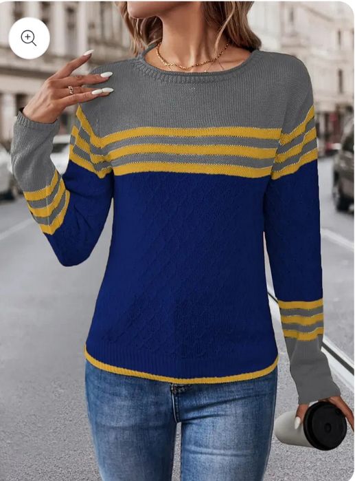 Kolorowy Sweter Damski w Pasy | Chabrowy & Żółty | Rozmiar L | Modny Splot