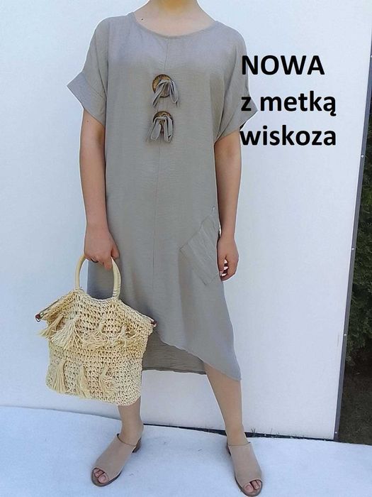 NOWA z metką beżowa asymetryczna swobodna sukienka oversize S M L XL