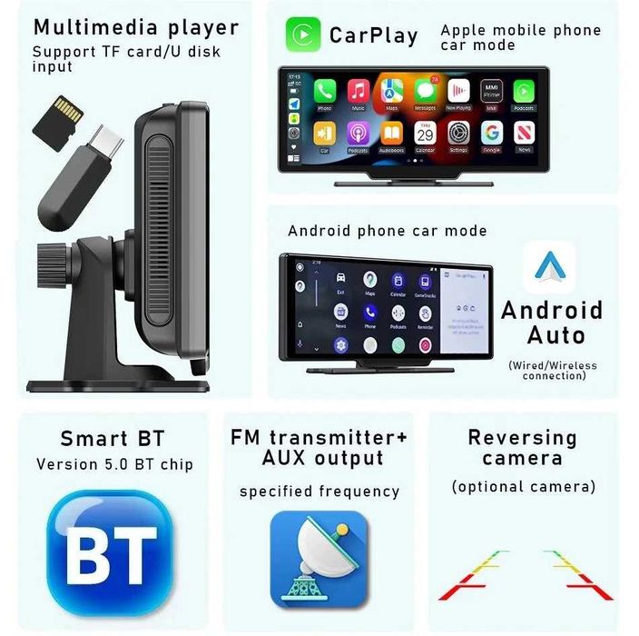 10-calowy przenośny odtwarzacz samochodowy z BT