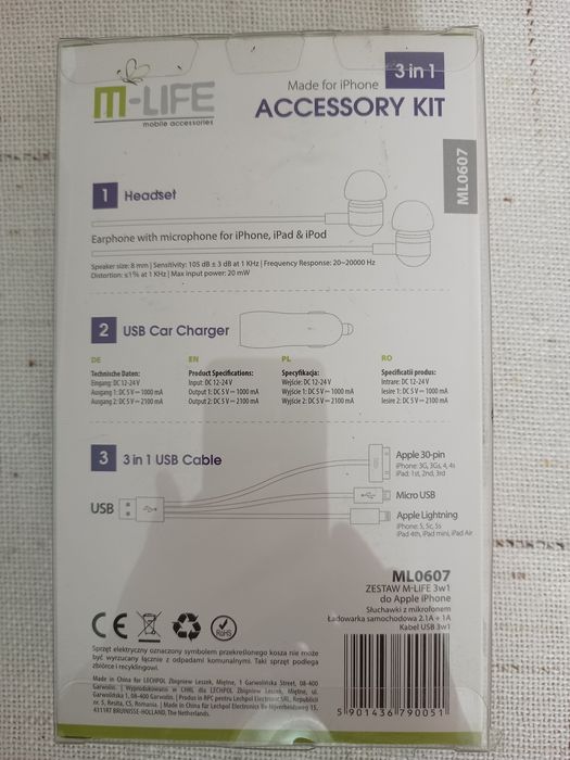 Komplet 3w 1 słuchawki ładowarka samochodowa i kabel USB do iPhone App