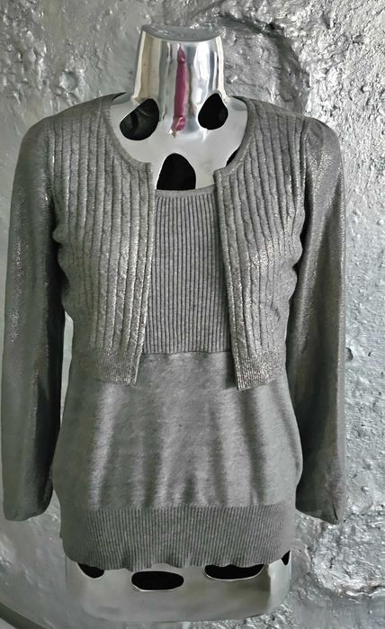 Twinset sweterek srebrny 2 częsci blizniak roz L