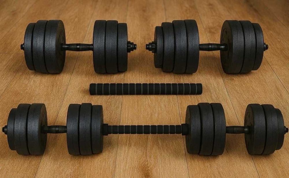 Zestaw 30kg 2w1, Hantle hantelki bitumiczne regulowane + Sztanga
