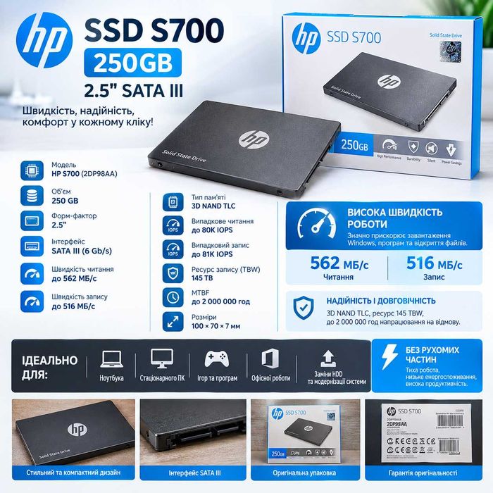 Нові 2 SSD HP S700 250GB 2.5" SATA III — НОВИЙ SSD, 562/516 МБ/с